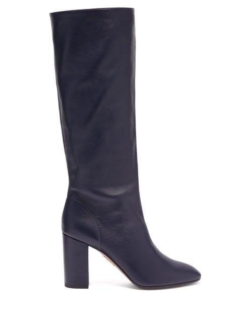Matchesfashion.com Aquazzura - Boogie 85 Block-heel Leather Knee-high Boots - Womens - Navy