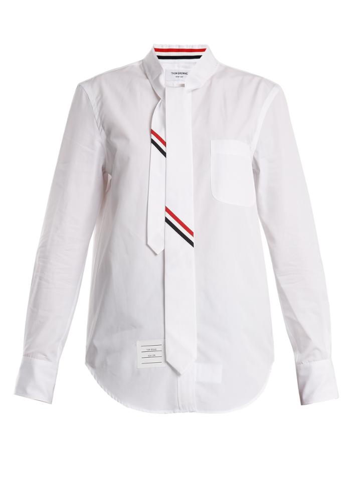 Thom Browne Tie-neck Striped-detail Cotton-poplin Shirt
