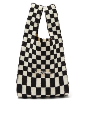 Lastframe - Small Ichimatsu-check Ribbed-knit Tote Bag - Womens - Black White