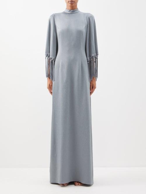 Andrew Gn - Fringed-cape Hammered-satin Gown - Womens - Silver