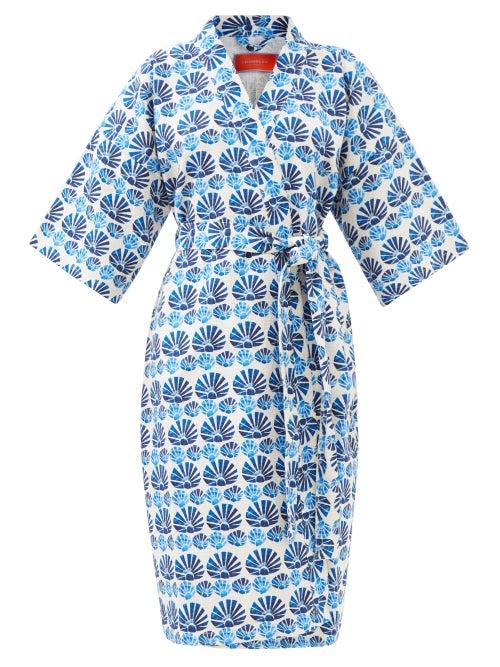 La Doublej - Shell-print Organic-cotton Robe - Womens - Blue Print