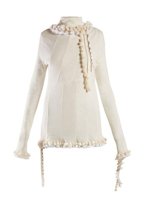 Matchesfashion.com Loewe - Pompom Trim Panelled Jersey Top - Womens - Ivory