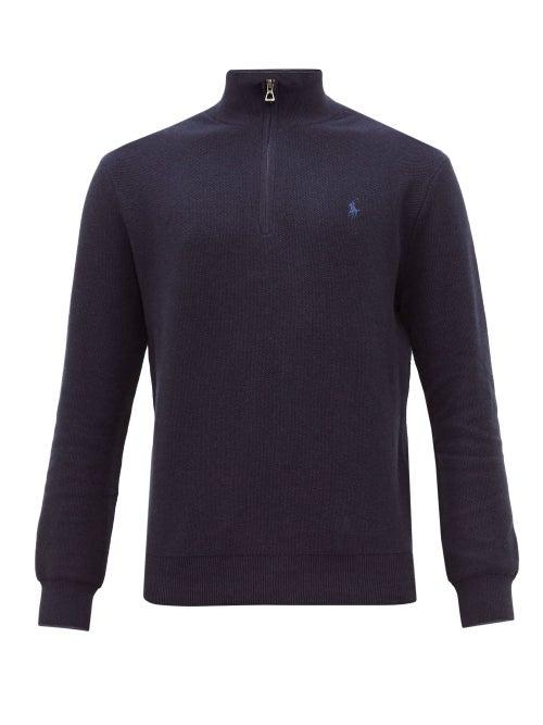 Matchesfashion.com Polo Ralph Lauren - Quarter Zip Waffle Knit Pima Cotton Sweatshirt - Mens - Navy