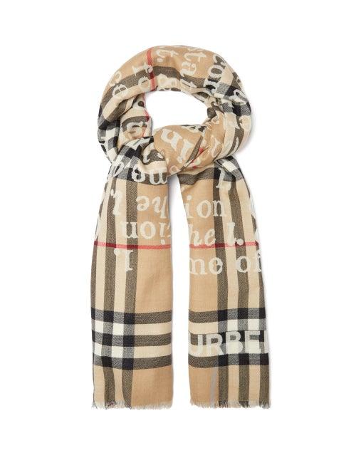 Matchesfashion.com Burberry - Love-print Checked Cashmere Scarf - Womens - Beige Multi