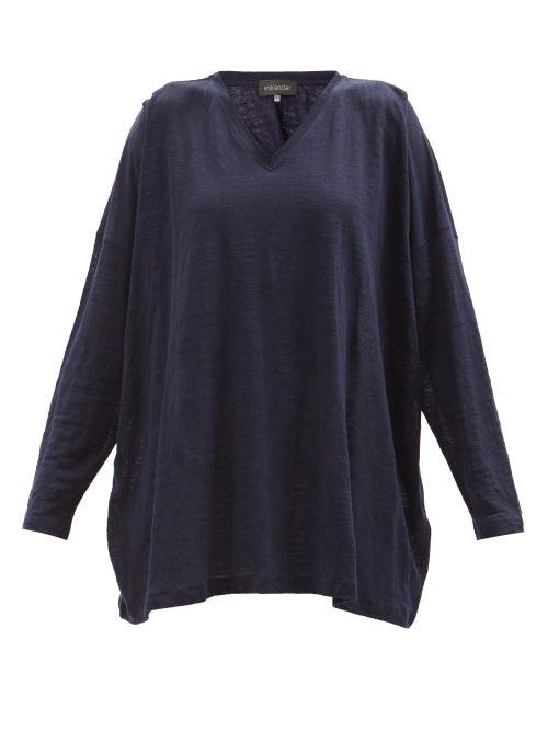 Eskandar - V-neckline Linen Long-sleeved T-shirt - Womens - Navy