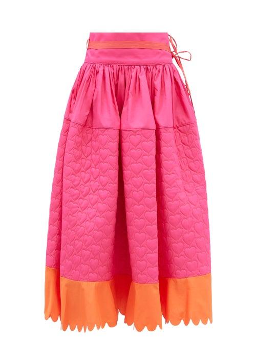 Horror Vacui - Cloe Scalloped Quilted-cotton Midi Skirt - Womens - Pink Multi