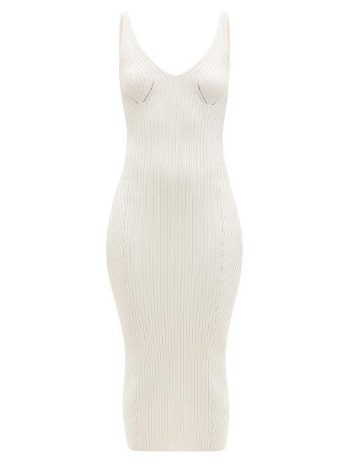Matchesfashion.com Balmain - Back-zip Rib-knitted Midi Dress - Womens - Ivory