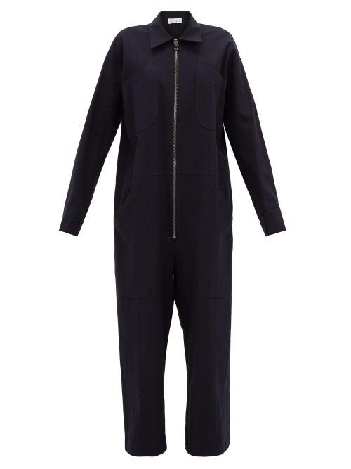 Matchesfashion.com Raey - Oversized Drawstring-waist Cotton-blend Jumpsuit - Womens - Navy