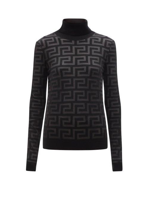 Versace - Greca-intarsia Wool-blend Roll-neck Sweater - Womens - Black
