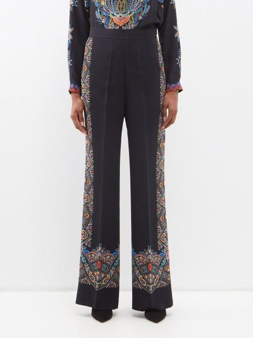 Etro - Paisley-print Crepe Palazzo Trousers - Womens - Black