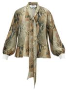 Matchesfashion.com Msgm - Snake-print Tie-neck Crepe Blouse - Womens - Beige Multi