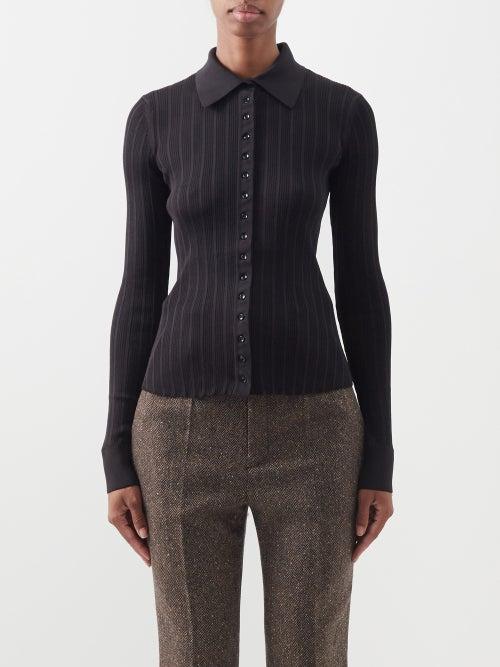 Saint Laurent - Ribbed-knit Silk Polo Top - Womens - Black