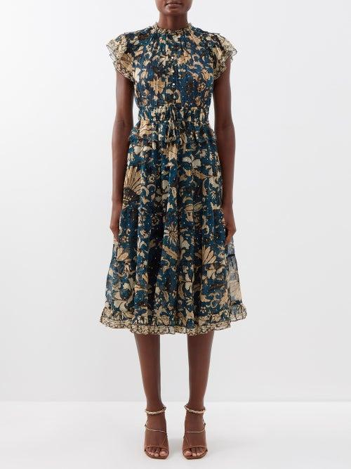 Ulla Johnson - Emine Ruffled Floral-print Silk-chiffon Dress - Womens - Navy