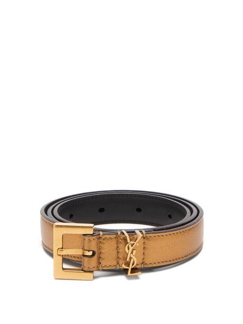 Matchesfashion.com Saint Laurent - Metallic Logo Plaque Leather Belt - Womens - Gold