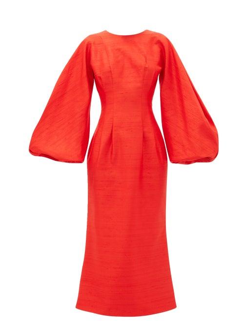 Matchesfashion.com Rasario - Balloon-sleeve Raw-silk Dress - Womens - Red
