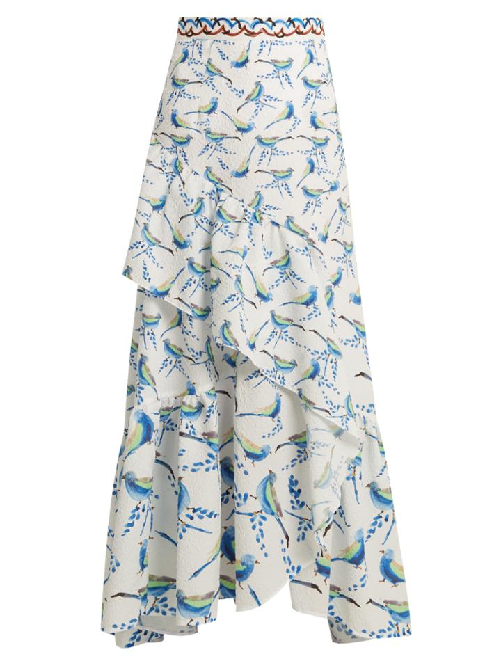 Peter Pilotto Bird-print Asymmetric Ruffled Cloqu Skirt