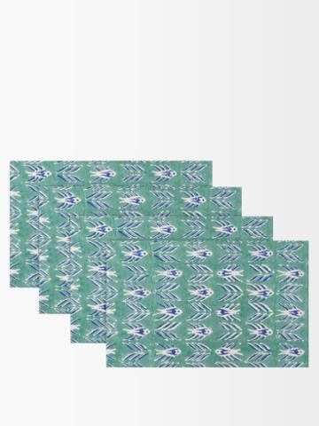 Les Ottomans - Set Of Four Ikat Peacock-feather Cotton Napkins - Green