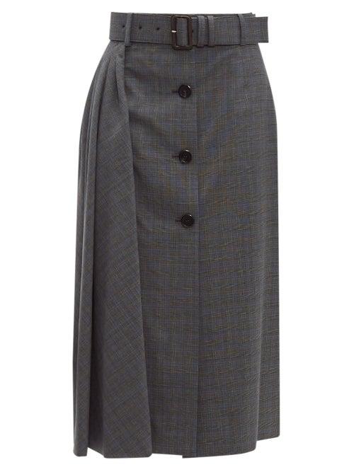 Matchesfashion.com Prada - Prince Of Wales Checked Wool Blend Midi Skirt - Womens - Grey