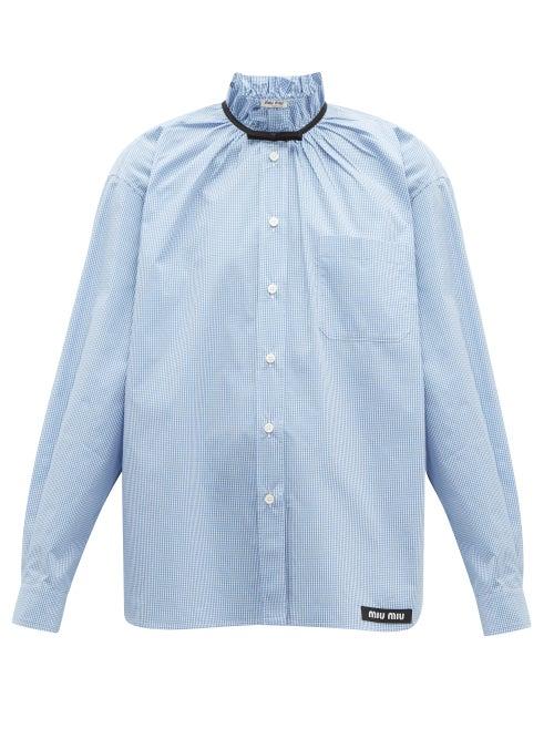Matchesfashion.com Miu Miu - Gathered Gingham Cotton Shirt - Womens - Blue Multi