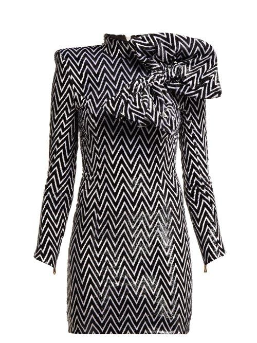 Matchesfashion.com Balmain - Chevron Striped Bow Embellished Mini Dress - Womens - Black White