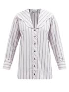 Ganni - Waved-collar Striped Organic-cotton Poplin Shirt - Womens - Pink Multi
