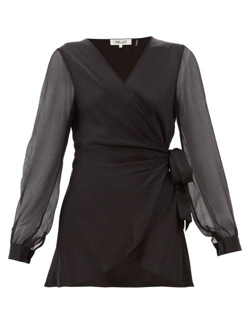 Matchesfashion.com Diane Von Furstenberg - Klee Silk Sleeve Satin Wrap Blouse - Womens - Black