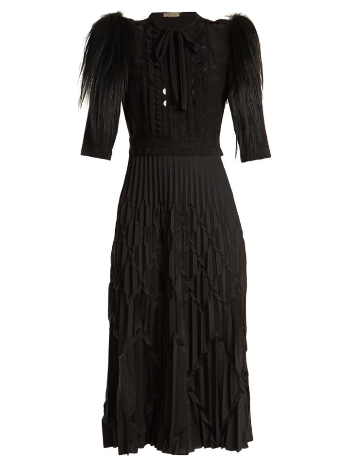 Bottega Veneta Goat-fur And Bead-embellished Crepe De Chine Dress