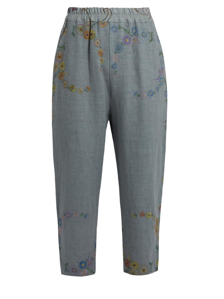 By Walid Morton Floral-embroidered Linen Cropped Trousers