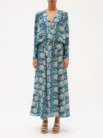 Hannah Artwear - Sienna Paisley-print Silk-faille Dress - Womens - Blue Print