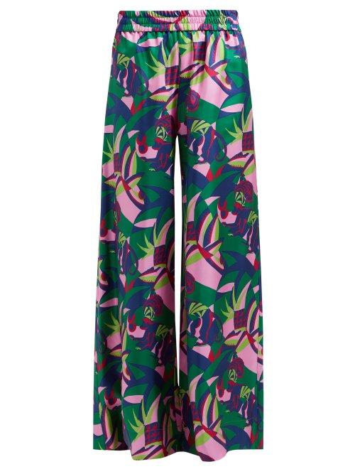 Matchesfashion.com La Doublej - Tom Tom Blu Print High Rise Silk Trousers - Womens - Green Print