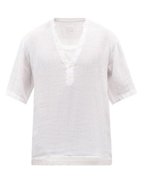 120 Lino 120% Lino - Half-button Linen Short-sleeved Shirt - Mens - White