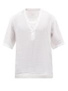 120 Lino 120% Lino - Half-button Linen Short-sleeved Shirt - Mens - White