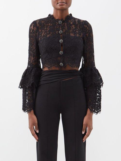 Self-portrait - Lace Cotton-blend Crepe Cropped Top - Womens - Black