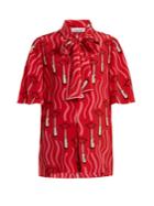 Valentino Tie-neck Lipstick-print Silk-crepe Top