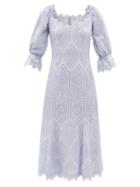 Matchesfashion.com Luisa Beccaria - Broderie-anglaise Cotton-poplin Dress - Womens - Light Blue