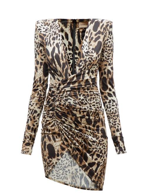 Matchesfashion.com Alexandre Vauthier - Plunge Neck Lynx Print Jersey Mini Dress - Womens - Leopard