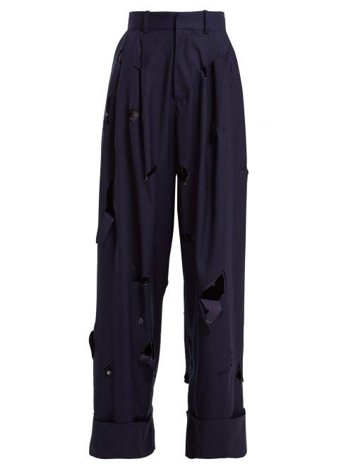 Matchesfashion.com Charles Jeffrey Loverboy - Hole Cut Out Wide Leg Wool Trousers - Womens - Navy
