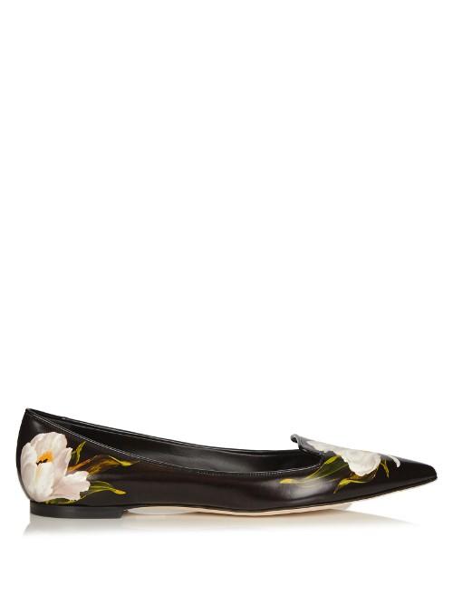 Dolce & Gabbana Tulip-print Point-toe Leather Flats
