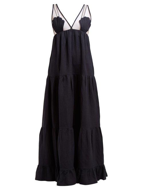 Matchesfashion.com Adriana Degreas - Marine Tulle Panel Linen Blend Maxi Dress - Womens - Navy