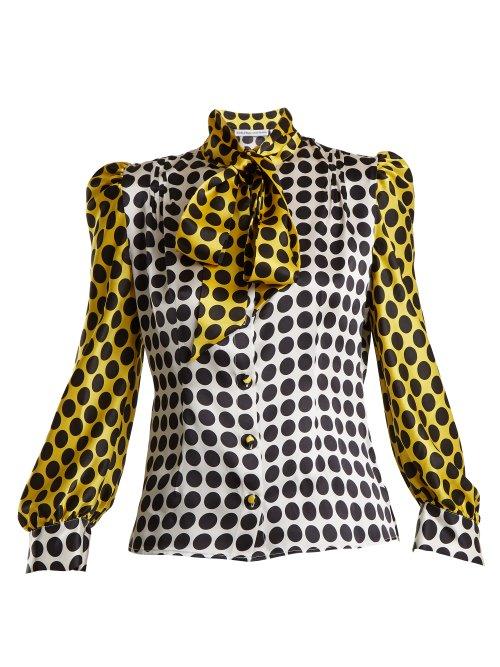 Matchesfashion.com Edeltrud Hofmann - Pussy Bow Contrast Panel Polka Dot Silk Blouse - Womens - Yellow Multi