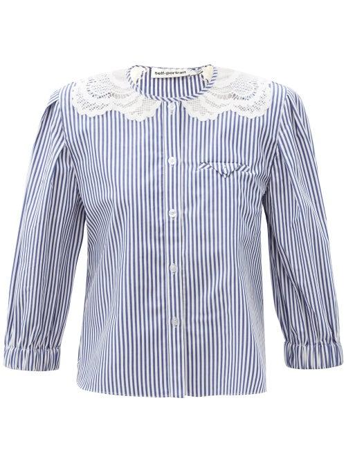 Matchesfashion.com Self-portrait - Lace-collar Striped Cotton-poplin Top - Womens - Blue White