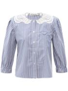 Matchesfashion.com Self-portrait - Lace-collar Striped Cotton-poplin Top - Womens - Blue White