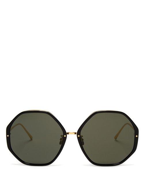 Matchesfashion.com Linda Farrow - Oversized Hexagonal Frame Sunglasses - Womens - Black Gold