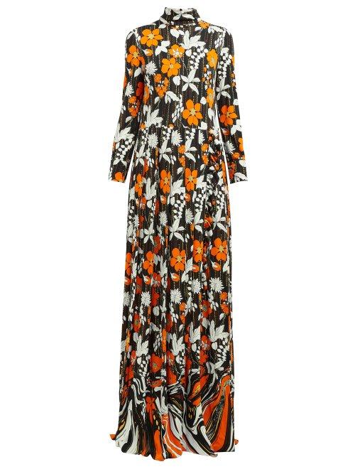 Matchesfashion.com Prada - Floral Print High Neck Organza Dress - Womens - Orange