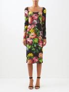 Dolce & Gabbana - Square-neck Floral-print Silk-blend Dress - Womens - Black Multi