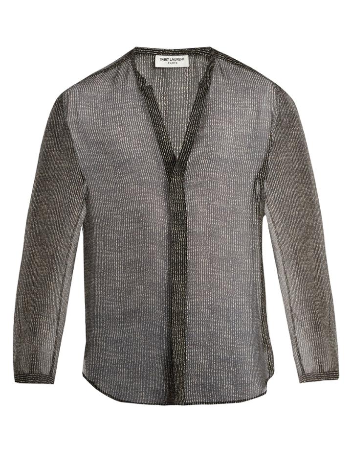 Saint Laurent Stripe-print Grandad-collar Silk Shirt