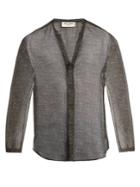 Saint Laurent Stripe-print Grandad-collar Silk Shirt