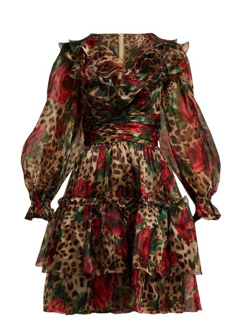 Matchesfashion.com Dolce & Gabbana - Rose And Leopard Print Silk Organza Midi Dress - Womens - Beige Multi