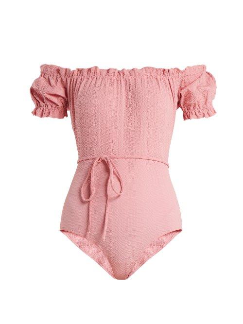 Matchesfashion.com Lisa Marie Fernandez - Leandra Off The Shoulder Swimsuit - Womens - Light Pink