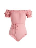 Matchesfashion.com Lisa Marie Fernandez - Leandra Off The Shoulder Swimsuit - Womens - Light Pink